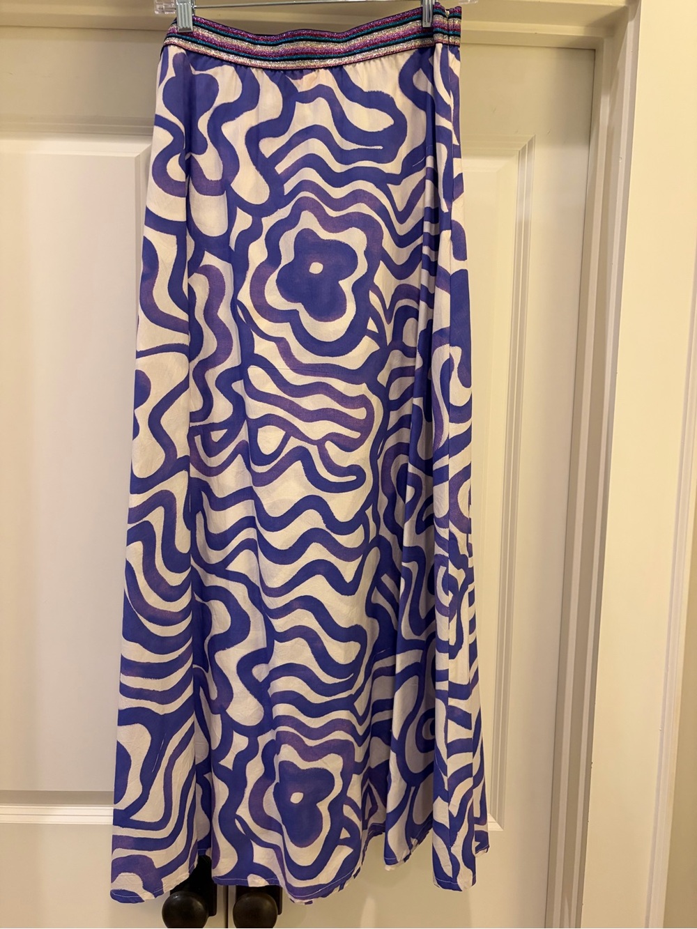 OLIPHANT Blueish-Purple & White Abstract Maxi Skirt with Metallic Waistband